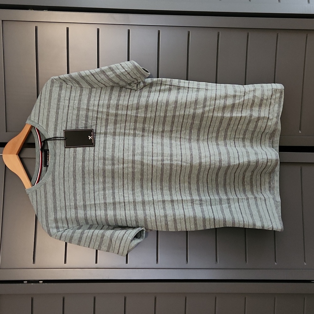NWT -- PX Premium Xpression green/gray striped short sleeve tee, size L